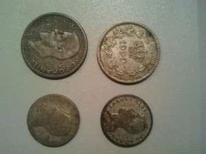 vand patru monezi 1 leu 1910,  10 bani 1900,  50 bani 1910,  50 bani 1894.